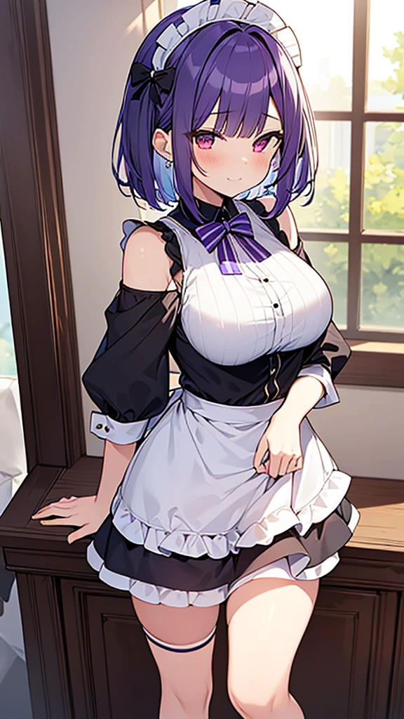 最high quality, high quality, Super detailed, 32k, Ultra-detailed details, {{The succubus maid has the face of my sister}}, (オンリー, Standing, pretty girl, beautiful purple hair, short hair, Beautiful RED eyes, mature, Big Breasts, A light smile, Off-the-shoulder sleeveless Summer cute maid outfit, Summer casual maid clothes, Short skirt, Blue and white color striped underwear, Black knee socks, loafers, She&#39;s holding 大きく up her skirt with both hands to show her underwear, 18-year-old,cute), A maid who moves her body vigorously without caring if her breasts bounce, Super detailed, indoor, maid Cafe, Full body image, ((Head to Toe:1.3)), NSFW