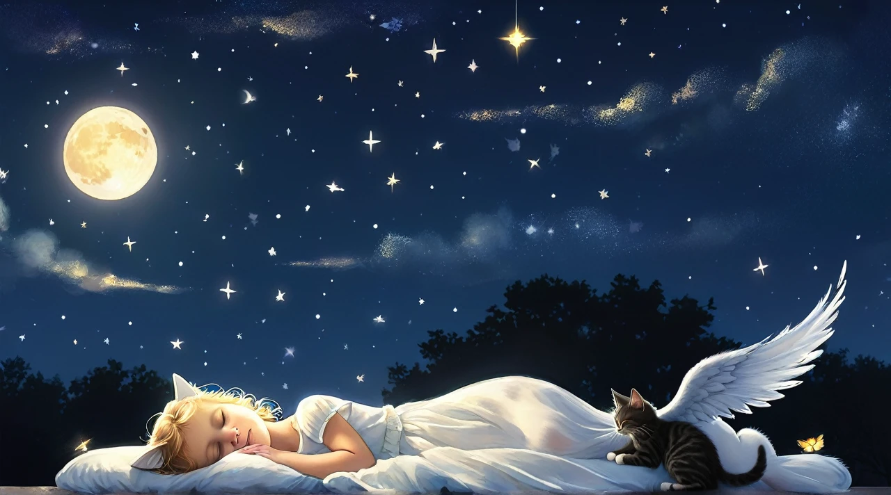 A shining star, an angel and a kitten sleeping soundly under the night sky