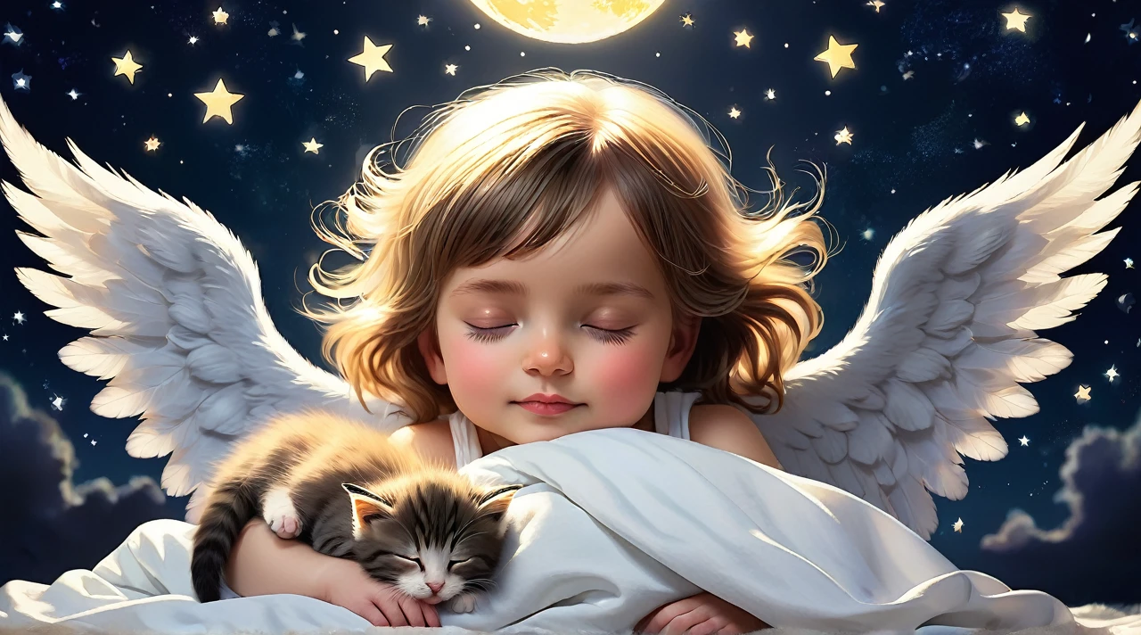 A shining star, an angel and a kitten sleeping soundly under the night sky