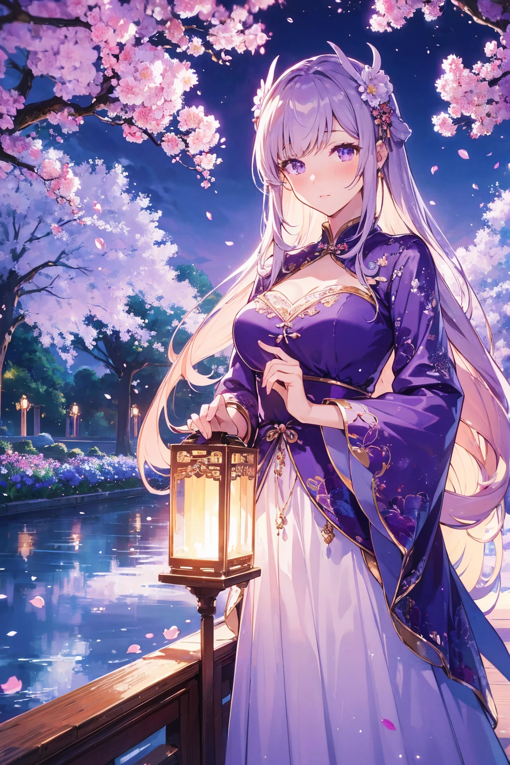 (Best quality at best,A high resolution,The image is clear:1.2),Ultra detailed backgrounds,Beutiful women,The stands up，purple dress，Chinese-style clothes,Delicate petals,Garden scene,under moonlight,Romantic atmosphere,Dutch Angle Shot,gentlesoftlighting,shelmet