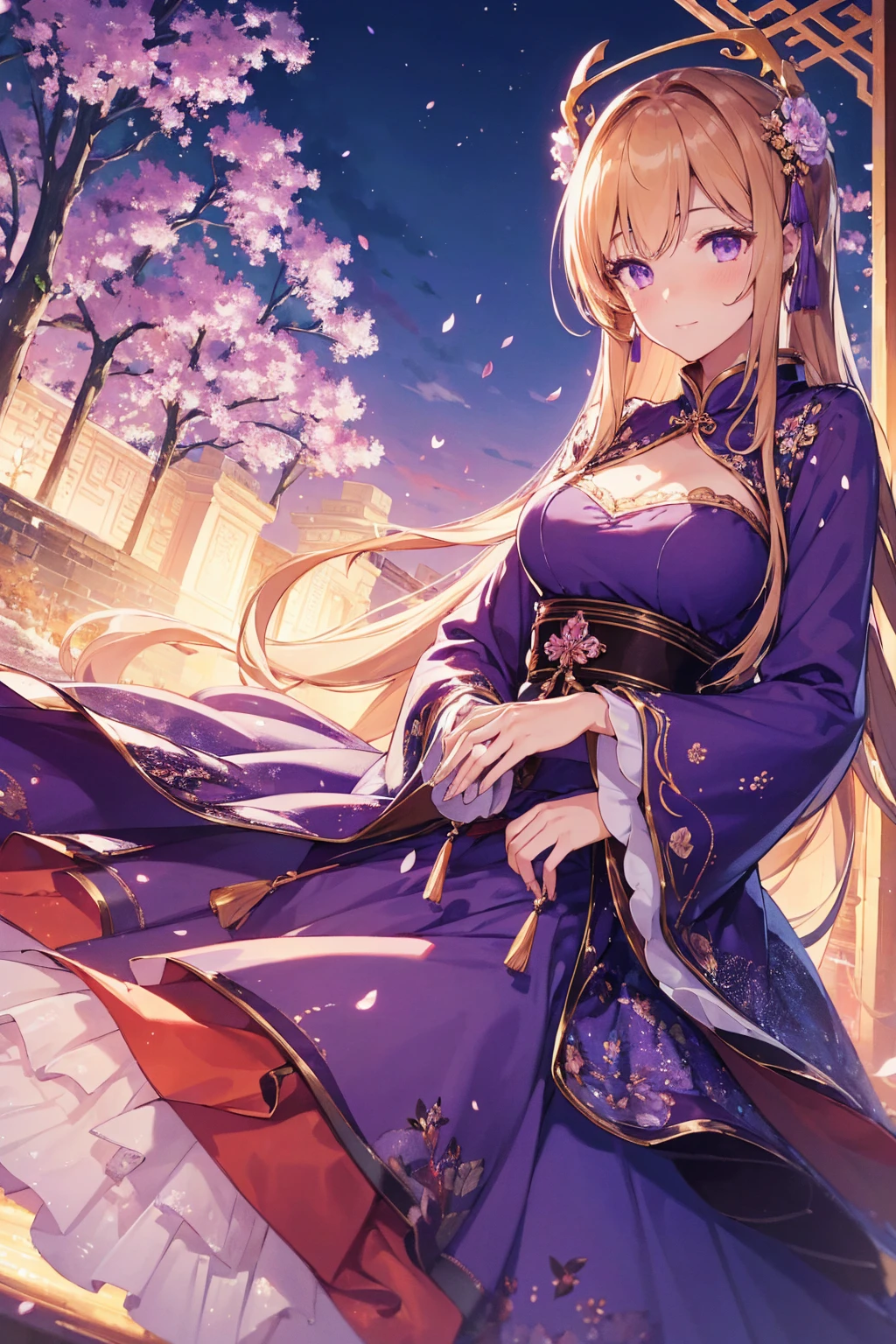 (Best quality at best,A high resolution,The image is clear:1.2),Ultra detailed backgrounds,Beutiful women,The stands up，purple dress，Chinese-style clothes,Delicate petals,Garden scene,under moonlight,Romantic atmosphere,Dutch Angle Shot,gentlesoftlighting,shelmet