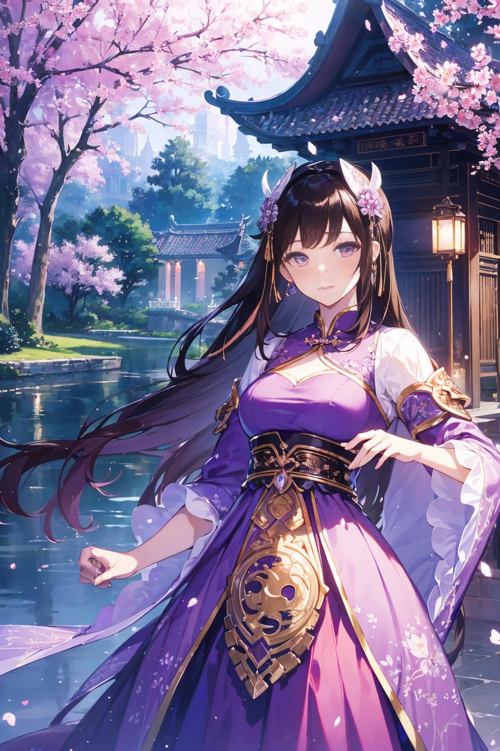 (Best quality at best,A high resolution,The image is clear:1.2),Ultra detailed backgrounds,Beutiful women,The stands up，purple dress，Chinese-style clothes,Delicate petals,Garden scene,under moonlight,Romantic atmosphere,Dutch Angle Shot,gentlesoftlighting,shelmet