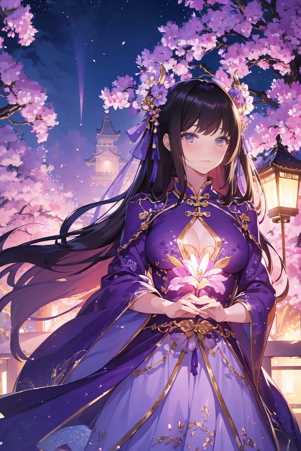 (Best quality at best,A high resolution,The image is clear:1.2),Ultra detailed backgrounds,Beutiful women,The stands up，purple dress，Chinese-style clothes,Delicate petals,Garden scene,under moonlight,Romantic atmosphere,Dutch Angle Shot,gentlesoftlighting,shelmet