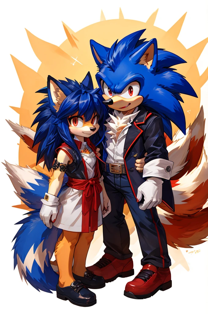 Couple, 1kitsune, 1fox, orange fur, white tails, 9 tails, red tail tips, fluffy, pudgy, red eyes, 4ears, bangs, whitetips, white-tipped hair, shoulder length hair, chest fluff, white chest, short, paws, female, double ears, nine tails Sonic the Hedgehog, white gloves, blue fur, hedgehog, red shoes, tan belly, spiky hair