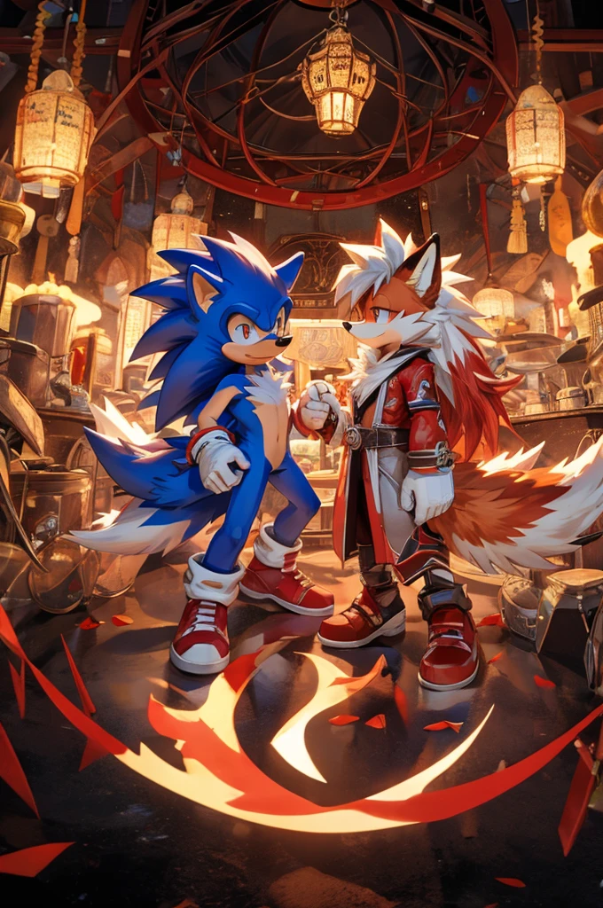 Couple, 1kitsune, 1fox, orange fur, white tails, 9 tails, red tail tips, fluffy, pudgy, red eyes, 4ears, bangs, whitetips, white-tipped hair, shoulder length hair, chest fluff, white chest, short, paws, female, double ears, nine tails Sonic the Hedgehog, white gloves, blue fur, hedgehog, red shoes, tan belly, spiky hair