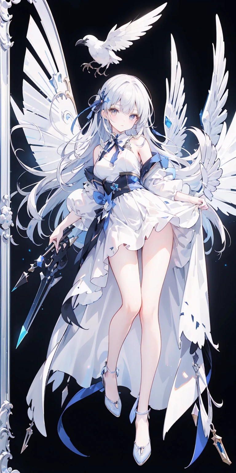 Oil painting frame,Big Perspective,Wide Angle,Impactful graphics,floating,sideways,Character Close-up,4K,masterpiece,best quality,ruins,(Transparent skirt,black background),Clear,master,Various actions,Full body portrait,portrait,1 female, (Mature),Long face,Pointed face,White long hair,Fairy,gemstone crow,Wings Dress, Mecha,Fairy air,ribbon, diamond, Bare shoulders, crow, Looking at the audience, in the sky, fLight, Vibrant colors, Light, masterpiece, best quality, flight,Mature,asymmetrical clothes,HighLights,Long skirt,Own,Personal Photography