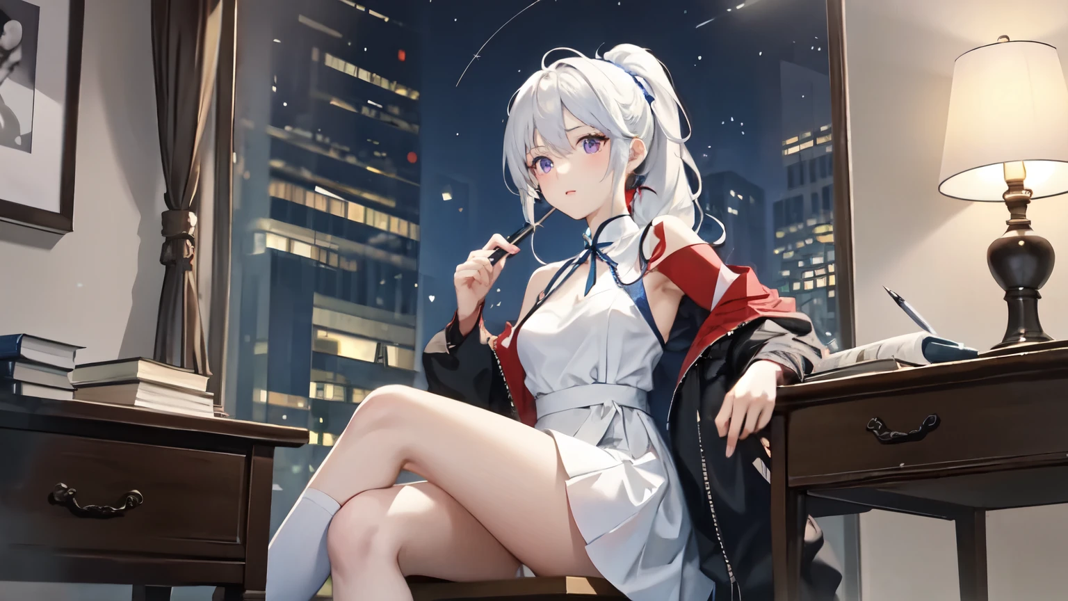 (masterpiece, best quality:1.2), intricate details, 1girl,sky striker ace raye,cityscape ,blue eyes,long Blond hair, black headdress.Dark brown tie, on the rooft of a building,raining,stars,night,narrow bust,frontal view,(mature female:1.2),huge breasts:1.6,thin body,close up,