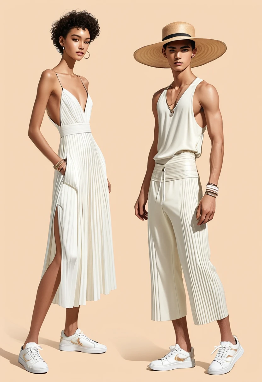 candid fashion illustration of young Mixed race man and woman, both aged 22 year old, skinny and lean, pale skin tone, ((showcase fashion look book in a off-White outfits)), inspired by Christian Dior's resort collection in elegant young bohemian style. The man wears white speedo with thick bulge. He completes his look with white sneakers, round sunglasses and bracelet. The woman complements him in a Long plissé dress in jersey with a deep V-neckline and narrow shoulder straps that cross at the back. Deep opening at the back, a concealed zip at one side and gathered tiers on the skirt for added volume, Her ensemble includes an accessorizes with a straw hat, white sneakers, Captured in a dynamic angle, ((full-body image)), ((pastel color background)), sketching, realistic pencil lines, imperfect drawing, fading sketch, fashion look book, fashion illustrator, sketch design,