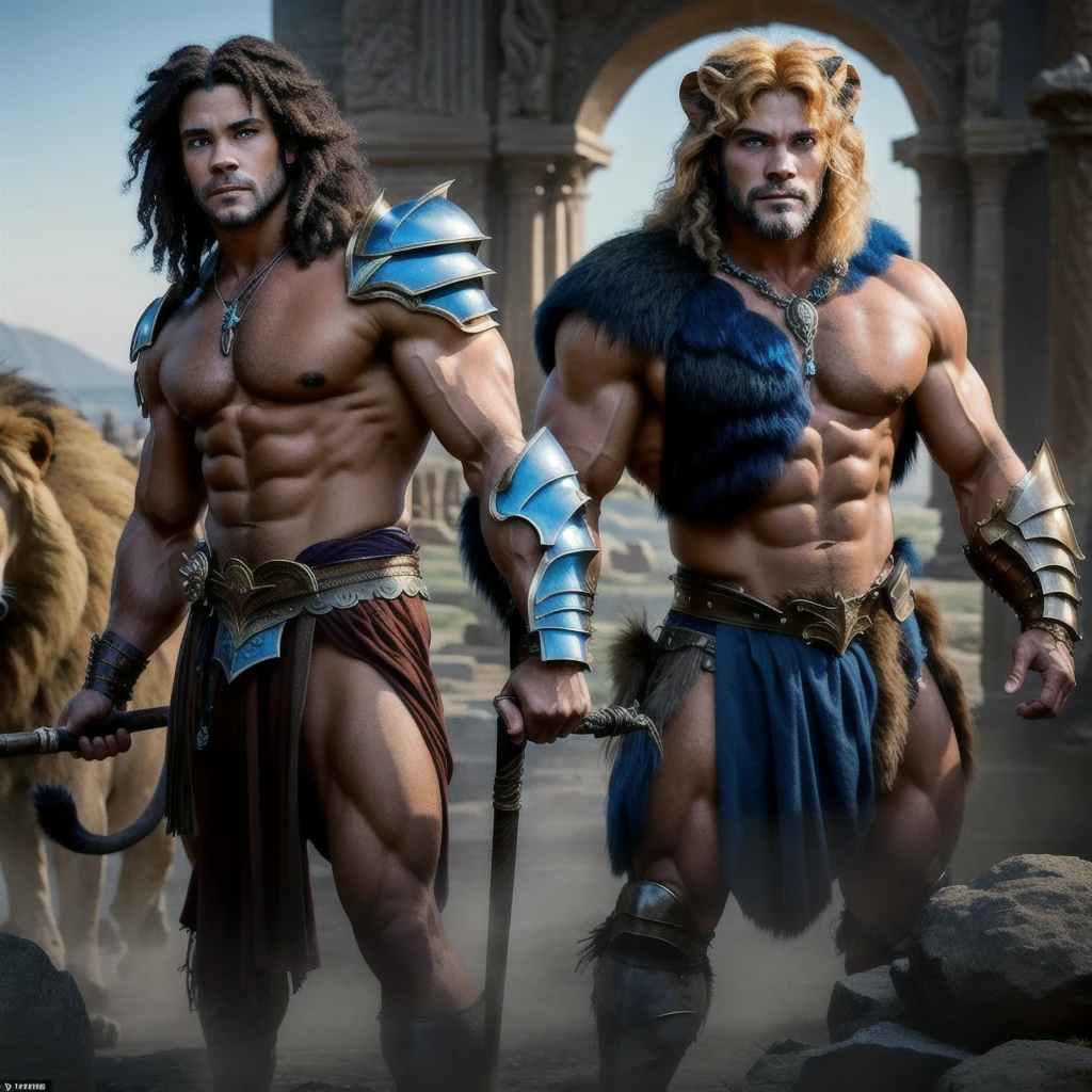 hercules,handsome, muscular, tall, has blue eyes and light curly hair, He wears the skin of a lion as his armor, full body,