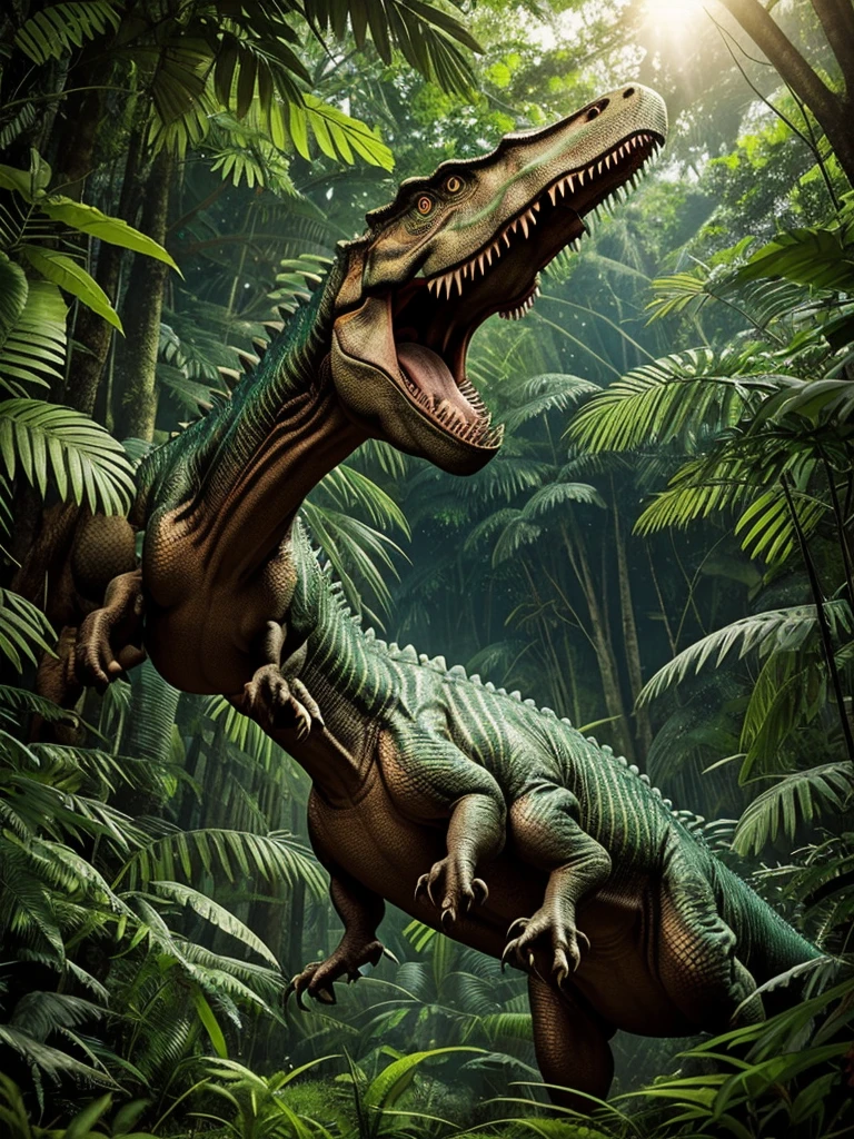 
**Dinosaur Prompt:**

A realistic illustration of a dinosaur. A terrifying Tyrannosaurus roaring in the jungle. Sharp teeth and a powerful body, with dense foliage in the background. Depicted in a dynamic pose that conveys a sense of movement and intensity.