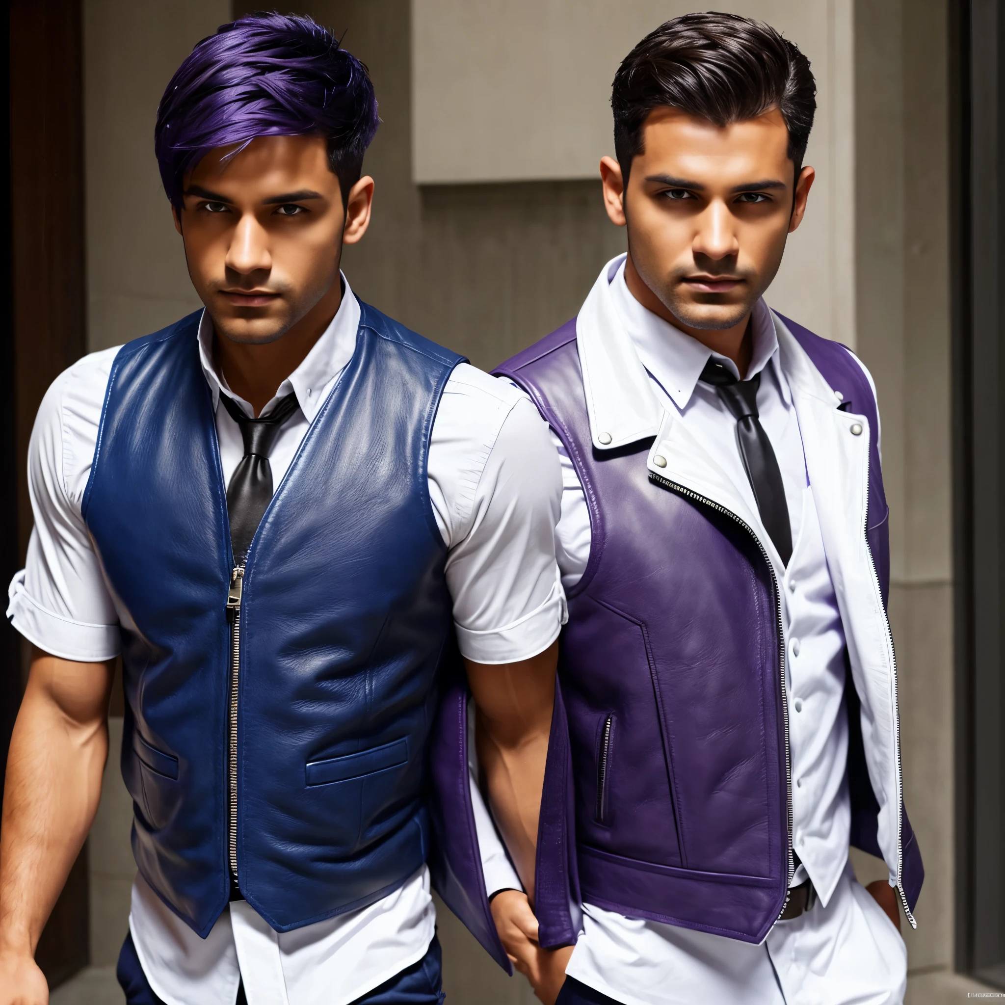 Male, Purple eyes, Light brown skin, Dark blue hair, And white leather vest
