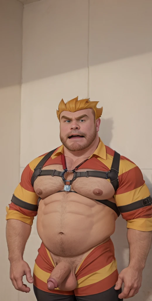 1boy, coach_john_mcguirk, orange hair, short hair, spiked hair, overweight, yellow collar, red shirt, whistle around neck, red gloves, yellow stripe, red pants, red shoes, mouth open, raised eyebrow, solo, facial hair,34 yrs old, dom, male focus, flaccid penis, bald head, pectorals, bara, muscular, mature male, muscular male, abs, beard, ring nipples, chest harness, short hair, navel, stomach, large pectorals, thick eyebrows, bare pectorals, dark-skinned male, erection, thighs, erection under clothes, fancy suit, dark skin, tie, open shirt, jacket, grey business suit, pectoral cleavage, cowboy shot, feet out of frame, thick thighs, looking at viewer, masterpiece, 4k, high quality, highres, absurdres,