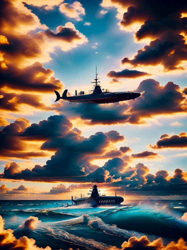 Blue ocean, blue sky and white clouds, no brown in this picture, light theme, red submarine, good quality, very details, red submarine, good weather, sunshine, clear vibe, blue theme, day time, light,  beautiful epic picture
