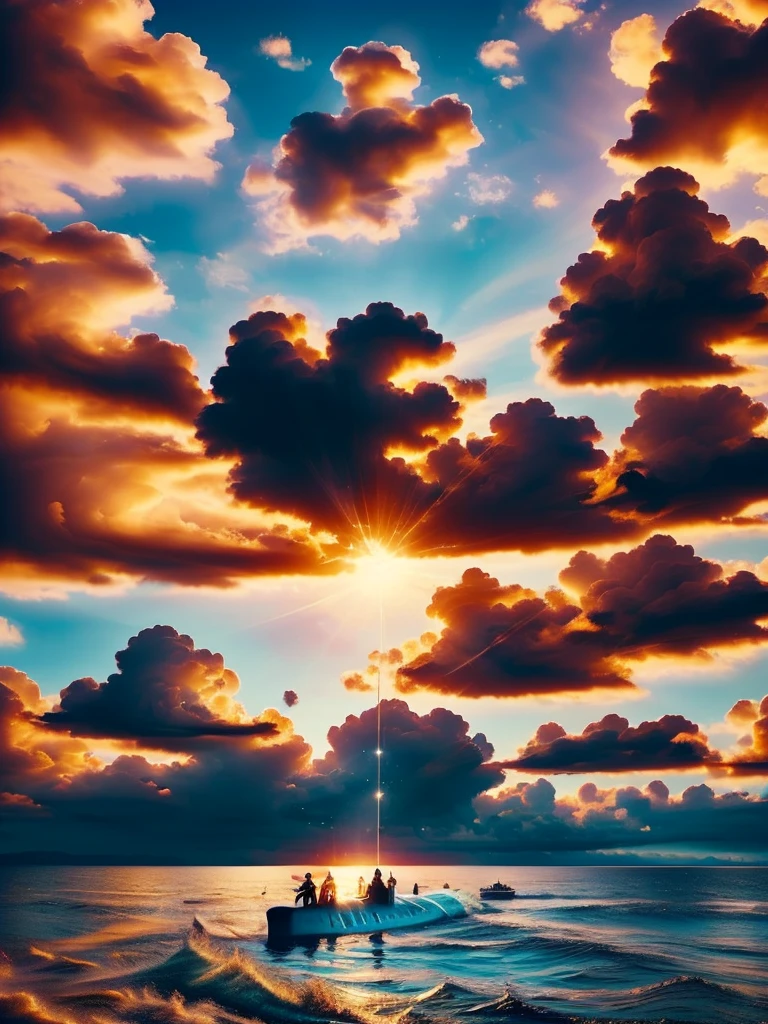 Blue ocean, blue sky and white clouds, no brown in this picture, light theme, red submarine, good quality, very details, red submarine, good weather, sunshine, clear vibe, blue theme, day time, light,  beautiful epic picture
