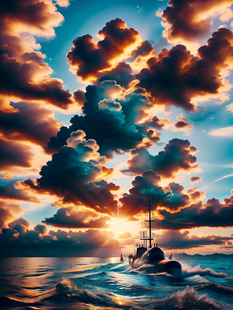 Blue ocean, blue sky and white clouds, no brown in this picture, light theme, red submarine, good quality, very details, red submarine, good weather, sunshine, clear vibe, blue theme, day time, light,  beautiful epic picture
