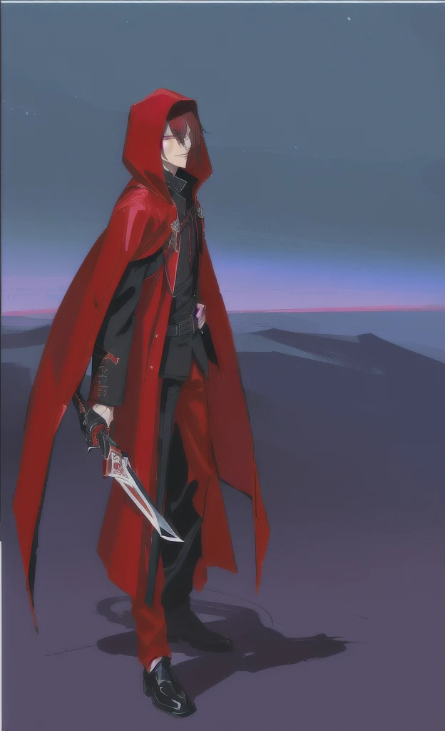 cartoon of a man in a red and black outfit with a blade, red demon cloak, villain wearing a assassin suit, red hooded assassin, crimson attire, assassin