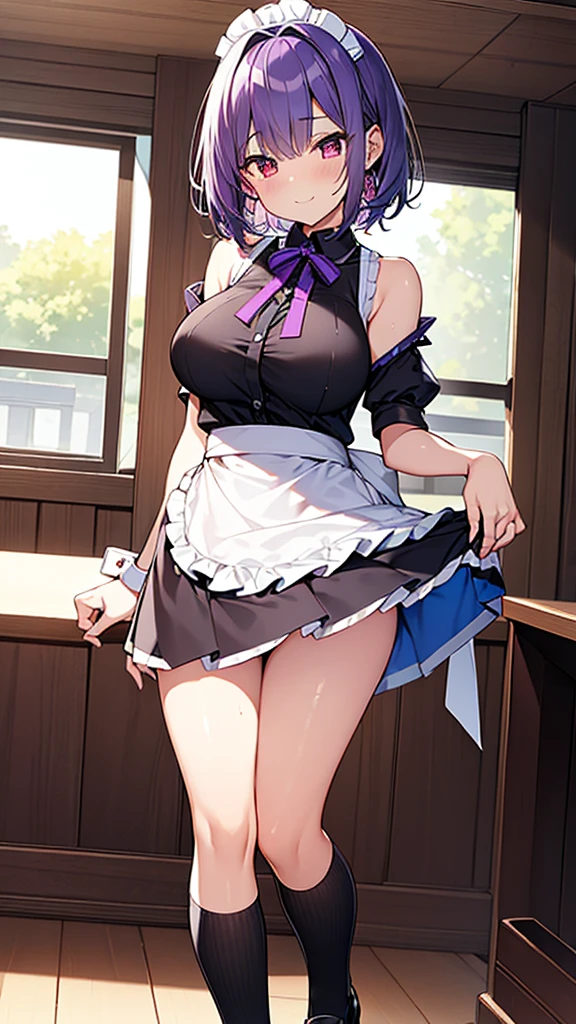 最high quality, high quality, Super detailed, 32k, Ultra-detailed details, waitress(only, Standing, pretty girl, beautiful purple hair, short hair, Beautiful RED eyes, mature, Big Breasts, A light smile, Off-the-shoulder sleeveless Summer メイド服, Summer casual maid clothes, Short skirt, Blue and white color striped underwear, Black knee socks, loafers, My crotch is wet with love juice, 18-year-old,cute), {{A succubus disguised as a waitress approached the target man's sister, peeled off the skin of the sister's face, and stuck it on her own face, becoming the waitress succubus's face., The hem of her skirt is lifted high, exposing her underwear}}, She has transformed from a shy maid into a lewd one., A maid with her sister's face stuck on her face is vigorously pistoning her body, A maid who moves her body vigorously without caring if her breasts bounce, Super detailed, indoor, Full body image, ((Head to Toe:1.3)), NSFW