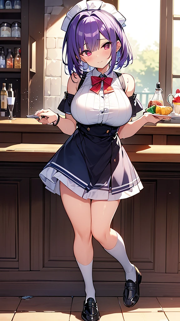 最high quality, high quality, Super detailed, 32k, Ultra-detailed details, waitress(only, Standing, pretty girl, beautiful purple hair, short hair, Beautiful RED eyes, mature, Big Breasts, A light smile, Off-the-shoulder sleeveless Summer メイド服, Summer casual maid clothes, Short skirt, Blue and white color striped underwear, Black knee socks, loafers, My crotch is wet with love juice, 18-year-old,cute), {{A succubus disguised as a waitress approached the target man&#39;s sister, peeled off the skin of the sister&#39;s face, and stuck it on her own face, becoming the waitress succubus&#39;s face., The hem of her skirt is lifted high, exposing her underwear}}, She has transformed from a shy maid into a lewd one., A maid with her sister&#39;s face stuck on her face is vigorously pistoning her body, A maid who moves her body vigorously without caring if her breasts bounce, Super detailed, indoor, Full body image, ((Head to Toe:1.3)), NSFW