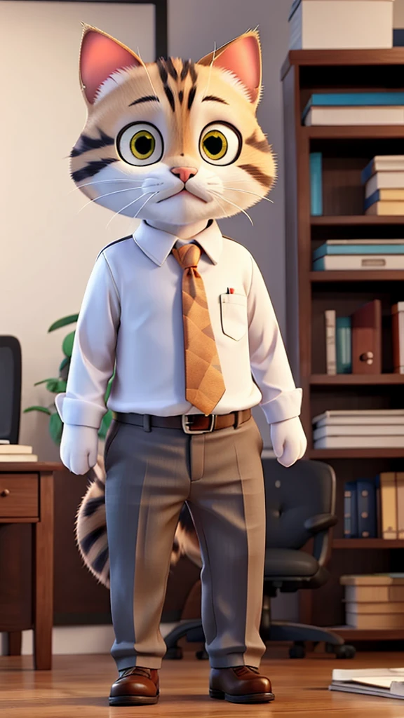 A cat wearing office clothes is standing in an office