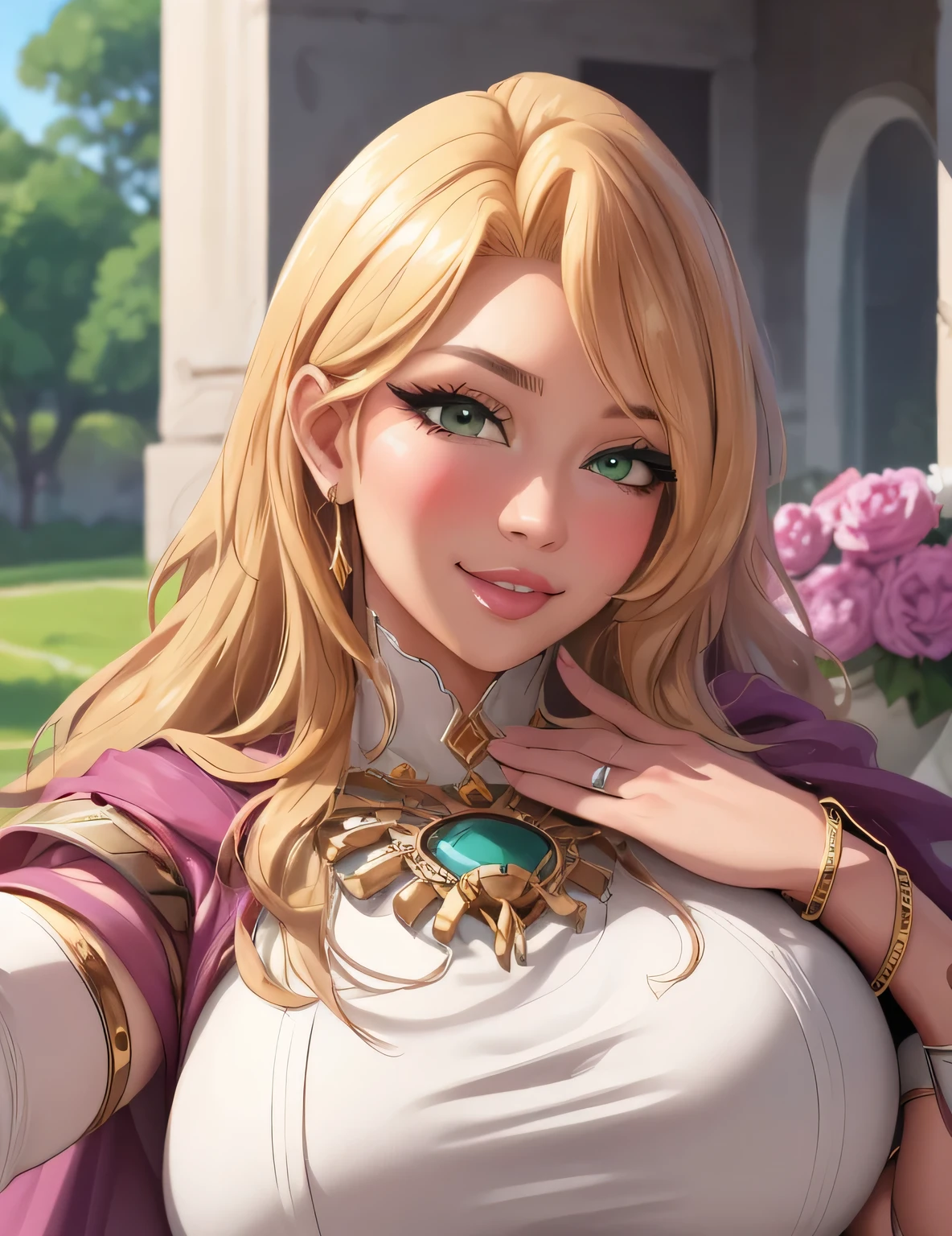 fe_elimine, gloves, white dress, elbow gloves, single glove, long dress, cape, jewelry, white gloves, armlet, bracelet, circlet, gold trim, (masterpiece, best quality, 8k, HD, ultra-detailed), realistic style, garden 2.0, looking at viewer 2.0, blushing, beautiful eyes, facing camera 2.0, face shot 2.0, very sexy smile 2.0, very luscious lips 2.0, facing camera 2.0, very heavy eyeshadow 2.0, very heavy makeup 2.0, very thick lips 2.0, very glossy lips 2.0, very pouty lips 2.0, lustrous skin 2.0, shiny skin 2.0, very beautiful 2.0, very curvy 2.0, very sexy 2.0, very thick 2.0, skindentation 2.0, very sexy smile 2.0, very luscious lips 2.0, facing camera 2.0, very heavy eyeshadow 2.0, very heavy makeup 2.0, round face, very thick lips 2.0, very glossy lips 2.0, very pouty lips 2.0, lustrous skin 2.0, shiny skin 2.0, very beautiful 2.0, very curvy 2.0, very sexy 2.0, very thick 2.0, very gigantic lips 2.0, very sexy smile 2.0, very luscious lips 2.0, very heavy eyeshadow 2.0, very heavy makeup 2.0, round face, very thick lips 2.0, very glossy lips 2.0, very pouty lips 2.0, lustrous skin 2.0, shiny skin 2.0, very beautiful 2.0, very curvy 2.0, very sexy 2.0, very thick 2.0, very toned 2.0, very sexy smile 2.0, very luscious lips 2.0, very toned 2.0, very toned 2.0, very sexy smile 2.0, very luscious lips 2.0, wide hips 2.0, very gigantic thighs 2.0, very small waist 2.0, very thick thighs 2.0, skindentation 2.0, very heavy eyeshadow 2.0, very heavy makeup 2.0, round face, very thick lips 2.0, very glossy lips 2.0, very pouty lips 2.0, lustrous skin 2.0, shiny skin 2.0, very beautiful 2.0, very curvy 2.0, very sexy 2.0, very thick 2.0, very gigantic breasts 2.0, very sexy 2.0, very gigantic lips 2.0, very thick thighs 2.0, hourglass waist 2.0, very close up shot 2.0, very close up shot 2.0, face shot 2.0, face shot 2.0, face shot 2.0, face shot 2.0, face shot 2.0, face shot 2.0, face shot 2.0, face shot 2.0, very close up shot 2.0, very close up shot 2.0, face shot 2.0