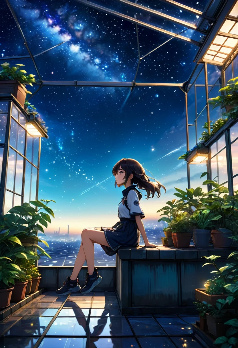 Highest quality, masterpiece, Very detailed, Detailed Background, anime, One girl, Young girl, Short girl, sf, sf, Outdoor, night, Starry Sky, greenhouse, huge structure, Biodome, Wind景, scenery, horizon, rooftop, sitting on rooftop, Wind, avert your eyes, Atmospheric lighting, Focus Only, close, From the side, Depth of written boundary, Bokeh