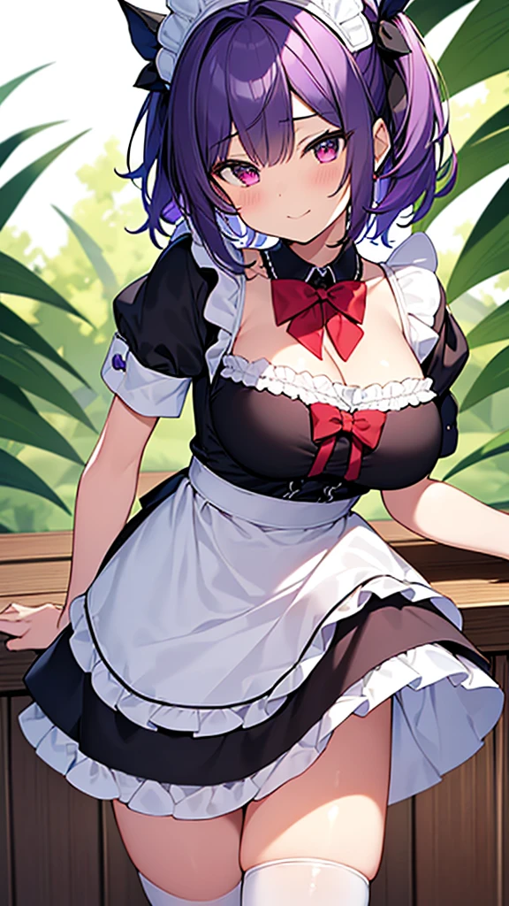 最high quality, high quality, Super detailed, 32k, Ultra-detailed details, {{The succubus maid has the face of my sister}}, (オンリー, Standing, pretty girl, beautiful purple hair, short hair, Beautiful RED eyes, mature, Big Breasts, A light smile, Off-the-shoulder sleeveless Summer cute maid outfit, Summer casual maid clothes, Short skirt, Blue and white color striped underwear, Black knee socks, loafers, She&#39;s holding 大きく up her skirt with both hands to show her underwear, 18-year-old,cute), A maid who moves her body vigorously without caring if her breasts bounce, Super detailed, indoor, maid Cafe, Full body image, ((Head to Toe:1.3)), NSFW