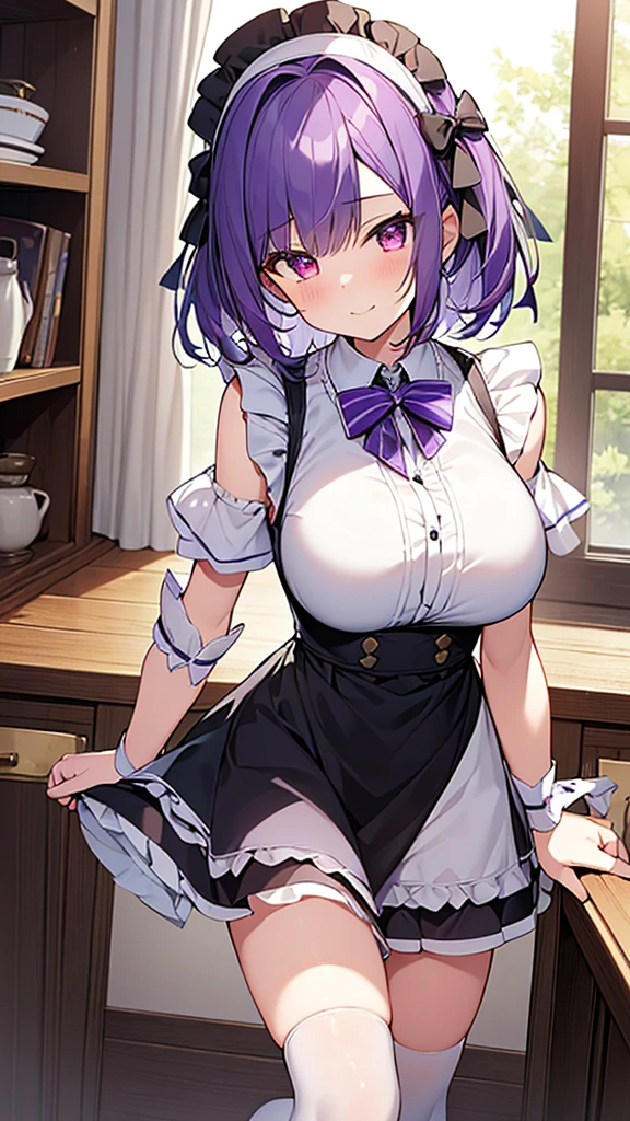 最high quality, high quality, Super detailed, 32k, Ultra-detailed details, {{The succubus maid has the face of my sister}}, (オンリー, Standing, pretty girl, beautiful purple hair, short hair, Beautiful RED eyes, mature, Big Breasts, A light smile, Off-the-shoulder sleeveless Summer cute maid outfit, Summer casual maid clothes, Short skirt, Blue and white color striped underwear, Black knee socks, loafers, She&#39;s holding 大きく up her skirt with both hands to show her underwear, 18-year-old,cute), A maid who moves her body vigorously without caring if her breasts bounce, Super detailed, indoor, maid Cafe, Full body image, ((Head to Toe:1.3)), NSFW