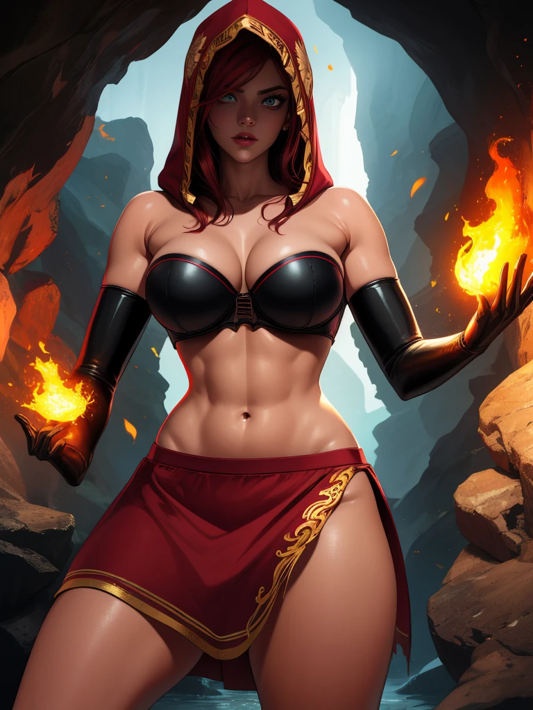 Dsorceress, redhair, shadowy face,dark cave, fire, hood, shadowed face, strapless bra, slim and athletic body, miniskirt, no panty, elbow gloves, dark skin, 1 girl (insanely detailed, masterpiece, best quality)