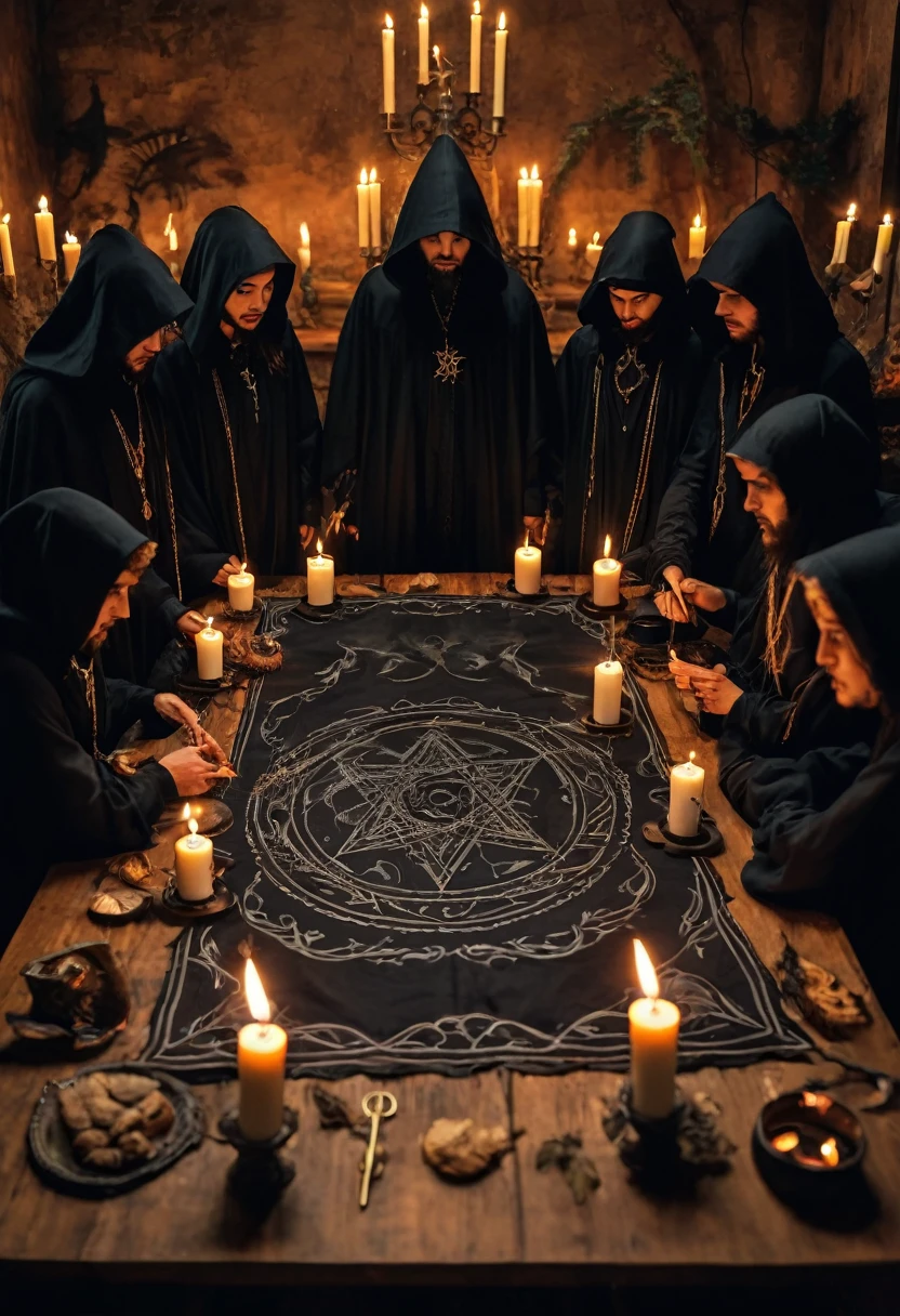 Photo of a group of people doing black magic on a table , black magic symbol is drawn on the table , candels are kept on the table , people wearing black cloak , teriffing lookin people ,