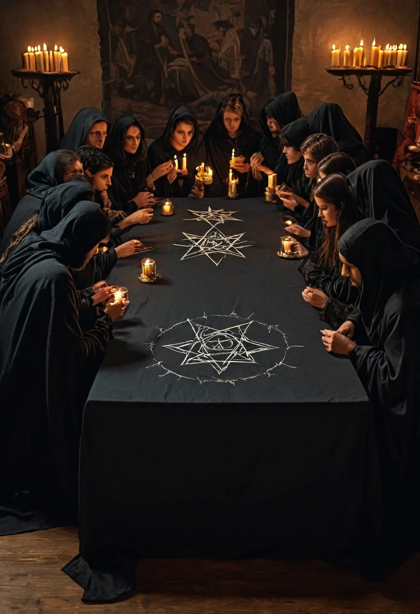 Photo of a group of people doing black magic on a table , black magic symbol is drawn on the table , candels are kept on the table , people wearing black cloak , teriffing lookin people , 