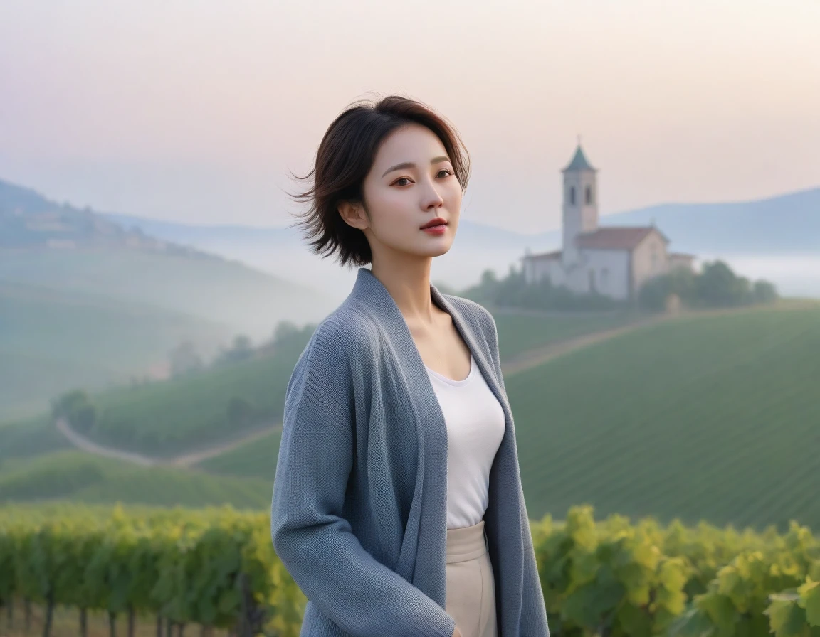 8k best picture quality, Beautiful 36-year-old Korean woman, short and nice weather. Chest size 34 inches, Dense fog at dawn in the Italian countryside, past the vineyard, The cathedral can be seen in the fog on a hill in the distance., The back background is realistic and vivid image quality, Short and medium hair blowing in the wind, Wear comfortable travel clothes, Casual pants and cardigan., a faint smile. the background is clear, Short and slim Korean woman, stand far away, Photo taken with a wide-angle lens