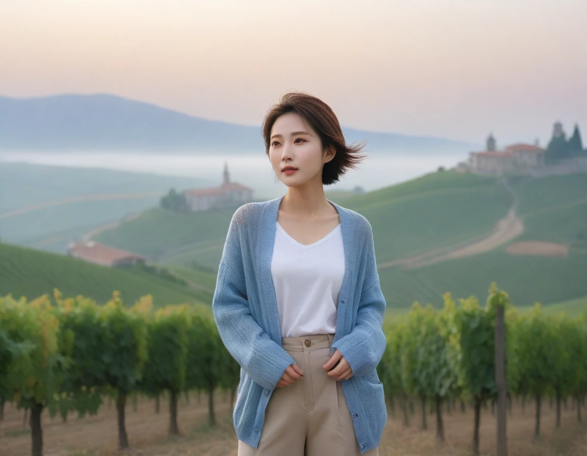 8k best picture quality, Beautiful 36-year-old Korean woman, short and nice weather. Chest size 34 inches, Dense fog at dawn in the Italian countryside, past the vineyard, The cathedral can be seen in the fog on a hill in the distance., The back background is realistic and vivid image quality, Short and medium hair blowing in the wind, Wear comfortable travel clothes, Casual pants and cardigan., a faint smile. the background is clear, Short and slim Korean woman, stand far away, Photo taken with a wide-angle lens