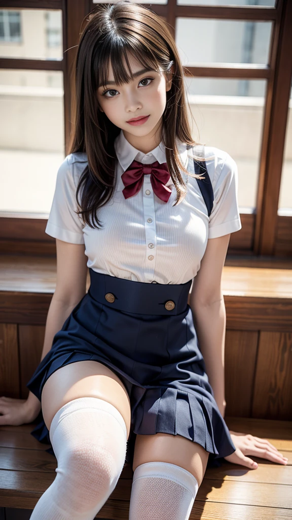 (8K, Highest quality, masterpiece:1.2, RAW Photos), One girl, (e schrl, Idol, beautiful girl, Baby Facenee socks:1.2, Skin Dentition:1.5), (Small beautiful butt:1.2, Thin thighs:1.2, Tight waist), Delicate skin, (night, (Dark Room)), Beautiful Bangs, nice, (Clothing and uniforms:1.3), (Attractive breasts:1.2), (Mouth closed:1.2, Beautiful Eyes, Fine grain, Detailed Iris, Beautiful Lips, Beautiful Nose, Beautiful Face), (primary color:1.5), (Beautiful sparkling eyes:1.3), (Detailed eyes and face:1.3, Professional photography techniques), (Detailed hands:1.2), (Gaze at the viewer, blush:1.2, Meaningful smile), (Perfect Anatomy:1.3), (Photorealism:1.3)