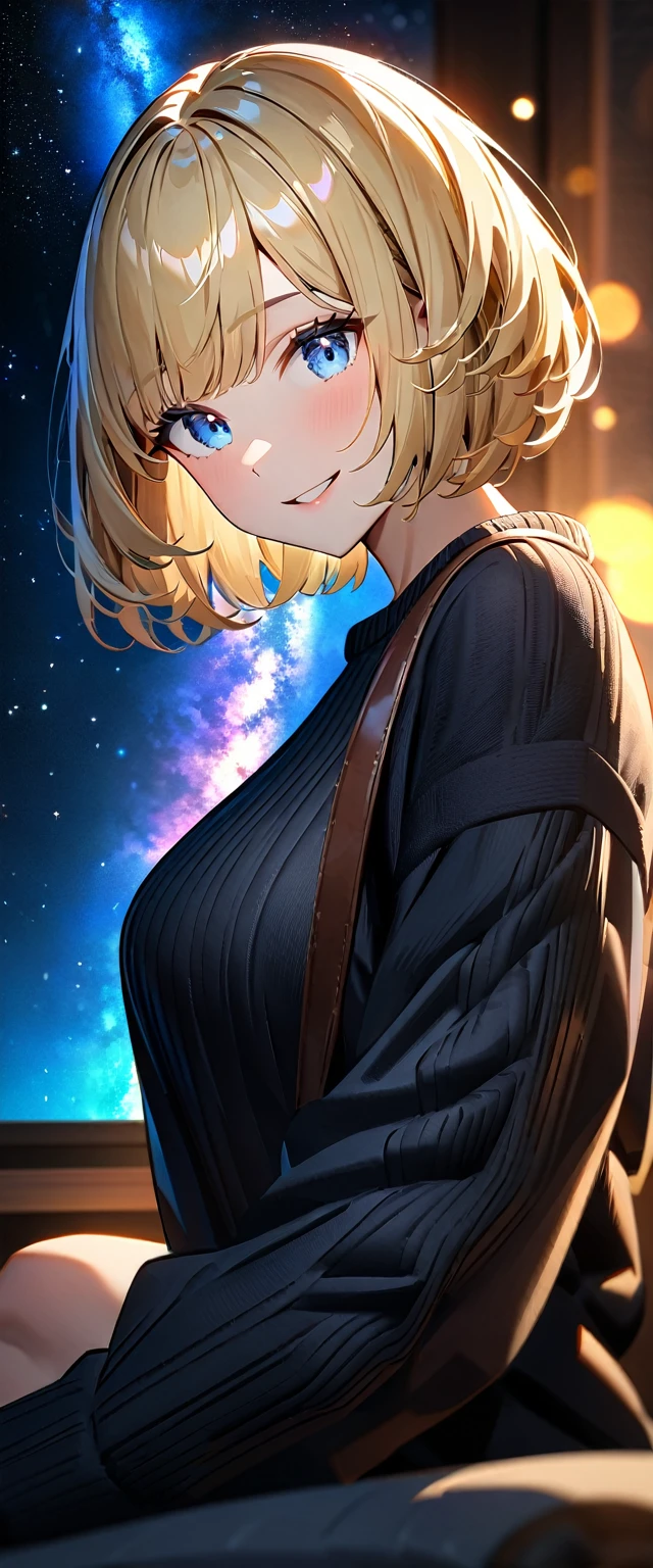 ((grin)), ((off-shoulder sweater:1.3, Quite thick shoulder straps)), ((black sweater)), ((sunglasses, hand to sunglasses)), (((from side))), ((((cowboy shot)))), ((Leaning to side)), (((a beautiful starry sky, the Milky Way shining beautifully in the night))), ((sitting on the very high cliff)), wavy hair, inward curled hair, sea, ((blond hair, bob cut:1.3)), breasts, teenager, (looking at viewer), oversized clothes, puffy long sleeves, collarbone, head tilt:1.3, (((blue eyes))), happy smile, (((anime style))), (best quality, 4K, 8K, highres, masterpiece:1.2, ultra-detailed, ultra-detailed eyes, HDR, uhd, studio lighting, ultra-fine painting, sharp focus, physically-based rendering, extreme detail description, professional, vivid colors, bokeh)