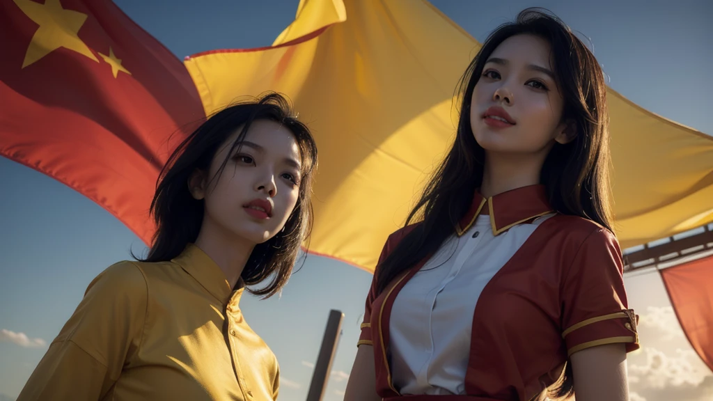 best quality, masterpiece, (photorealistic:1.4), 3 girl, light smile, shirt with collars, waist up, dramatic lighting, from below, Flag of Vietnam,posing singer, Flag of Vietnam background, Red flag yellow star background