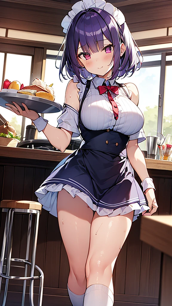 最high quality, high quality, Super detailed, 32k, Ultra-detailed details, waitress(only, Standing, pretty girl, beautiful purple hair, short hair, Beautiful RED eyes, mature, Big Breasts, A light smile, Off-the-shoulder sleeveless Summer メイド服, Summer casual maid clothes, Short skirt, Blue and white color striped underwear, Black knee socks, loafers, My crotch is wet with love juice, 18-year-old,cute), {{A succubus disguised as a waitress approached the target man&#39;s sister, peeled off the skin of the sister&#39;s face, and stuck it on her own face, becoming the waitress succubus&#39;s face., The hem of her skirt is lifted high, exposing her underwear}}, She has transformed from a shy maid into a lewd one., A maid with her sister&#39;s face stuck on her face is vigorously pistoning her body, A maid who moves her body vigorously without caring if her breasts bounce, Super detailed, indoor, Full body image, ((Head to Toe:1.3)), NSFW