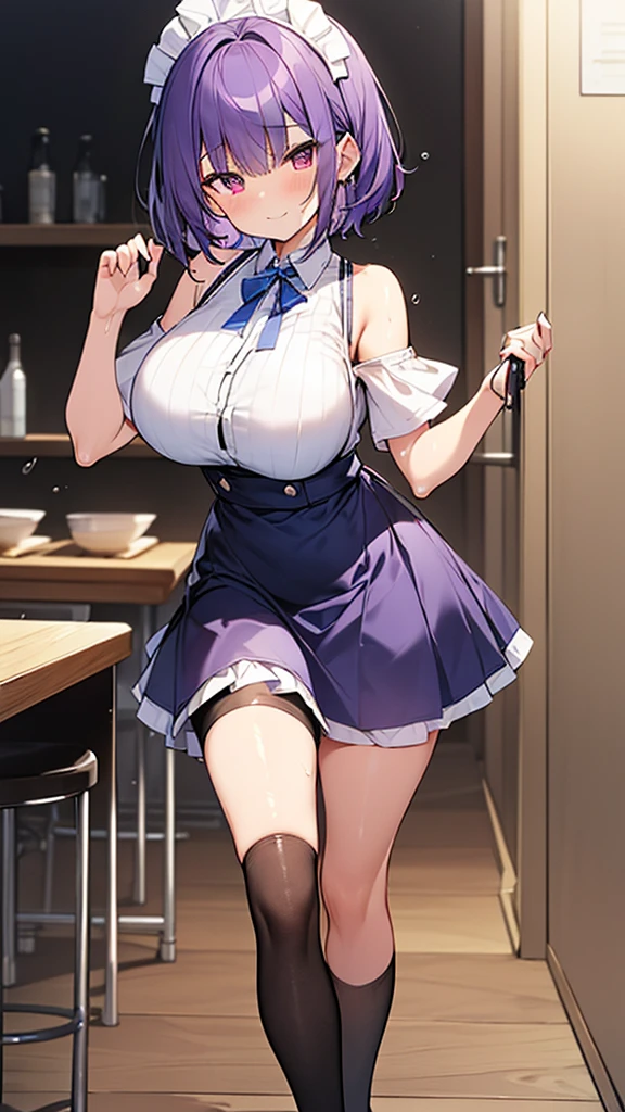 最high quality, high quality, Super detailed, 32k, Ultra-detailed details, waitress(only, Standing, pretty girl, beautiful purple hair, short hair, Beautiful RED eyes, mature, Big Breasts, A light smile, Off-the-shoulder sleeveless Summer メイド服, Summer casual maid clothes, Short skirt, Blue and white color striped underwear, Black knee socks, loafers, My crotch is wet with love juice, 18-year-old,cute), {{A succubus disguised as a waitress approached the target man's sister, peeled off the skin of the sister's face, and stuck it on her own face, becoming the waitress succubus's face., The hem of her skirt is lifted high, exposing her underwear}}, She has transformed from a shy maid into a lewd one., A maid with her sister's face stuck on her face is vigorously pistoning her body, A maid who moves her body vigorously without caring if her breasts bounce, Super detailed, indoor, Full body image, ((Head to Toe:1.3)), NSFW