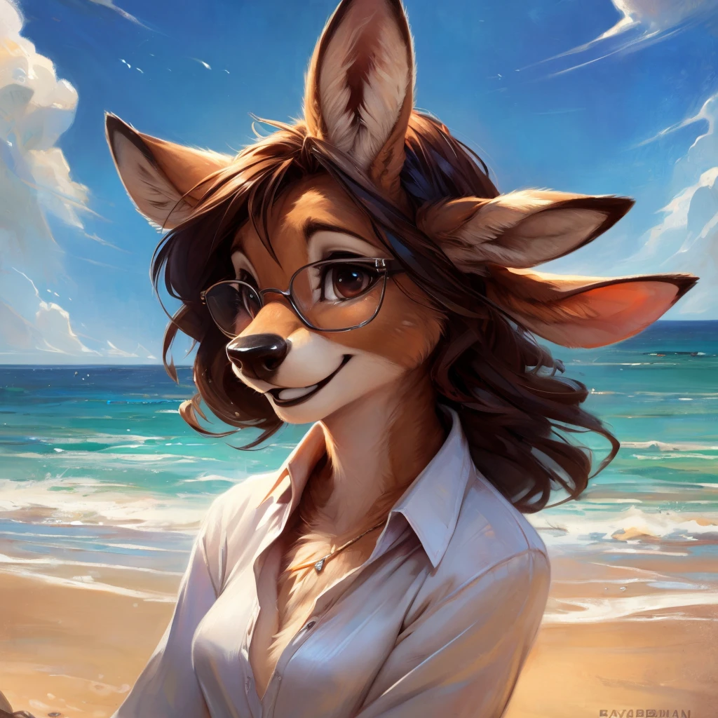 uploaded on e621, by Pixelsketcher, by Bayard Wu, by Thomas Benjamin Kennington , by Einshelm, by hioshiru and kenket, Chunie, portrait, solo anthro female deer doe, with small featureless breasts, clear dark blue, cinematic lighting, day, sunny day, beach, stays in the sea, sea background, mediterranean background, horizon background, shiny, short curly dark brown hair, wears big black nerd glasses, very very beautiful furry art, furry art, smiling, joyful, shiny, happy, feminine, cute face, muzzle, fluffy chest, flawless face, Fallow deer, 1girl, Sakimichan is beautiful, Masterpiece, Wavethesallow Face, shiny, Detailed image, portrait, Detailed image, portrait, full body, wearing wide, long, white blouse, shiny, realistic face, perfect anatomy, hourglass body, (furry body:1.1), anthropomorphic deer, small fluffy tail, detailed background, (cute anatomy:1.1), windy, smiling, very happy, happy