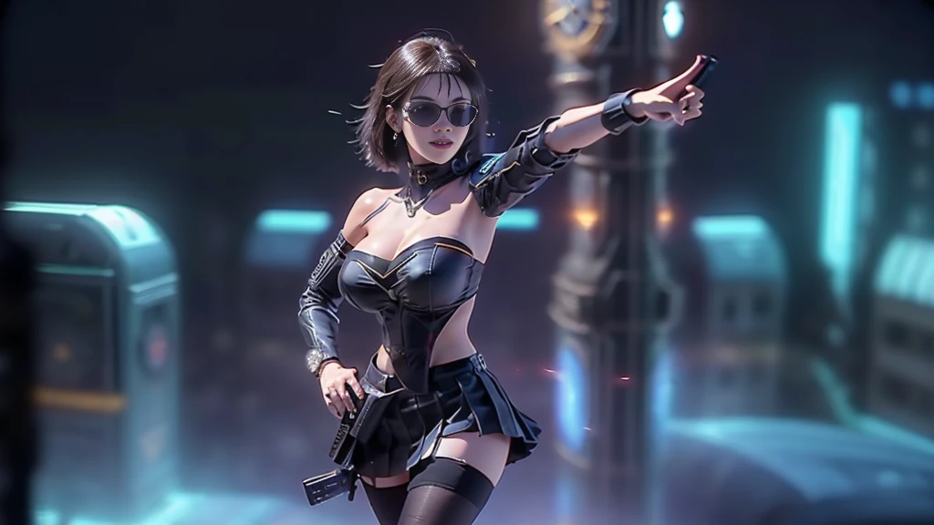 cyberpunk-style city with a nocturnal vibe with Blade Runner-like aesthetic references. At night, (1girl, solo, alone), medium-breast slim:0.6 body, oval:0.5 face, cleavage:1.1, sexy black laced bra, miniskirt, white laced panty, coat, (black micro sunglasses), (holding a short gun), (slightly leaning forward running pose), ((half-body thigh level medium shot)), cinematic lighting, ray tracing, motion blurred background.