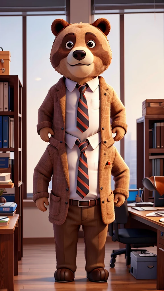 A bear in office clothes is standing in an office