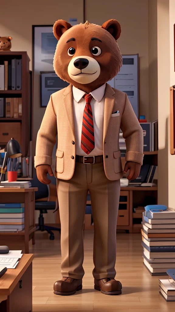 A bear in office clothes is standing in an office