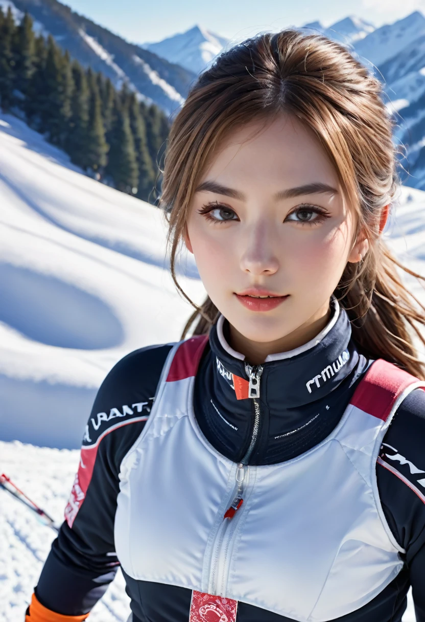 8K resolution, masterpiece, Highest quality, Award-winning works, unrealistic, Final Fantasy, Royal Jewel,Photorealistic paintings by Midjourney and Greg Rutkowski, , elegant, Very detailed, Delicate depiction of hair, Miniature Painting, Digital Painting, Art Station, Concept Art, Smooth, Sharp focus, shape, nature, Clear shadows, Full body portrait, Ski resort, Snow Mountain, 女子Skier,erotic, One sexy woman, healthy shaped body,, 22-year-old woman, , Height: 170cm, Large, firm, swaying bust, Skier, Giant Slalom, Ski resort, slalom, Fancy ski wear, Skiwear with a complex structure, ski, Ski down a steep slope, Glide