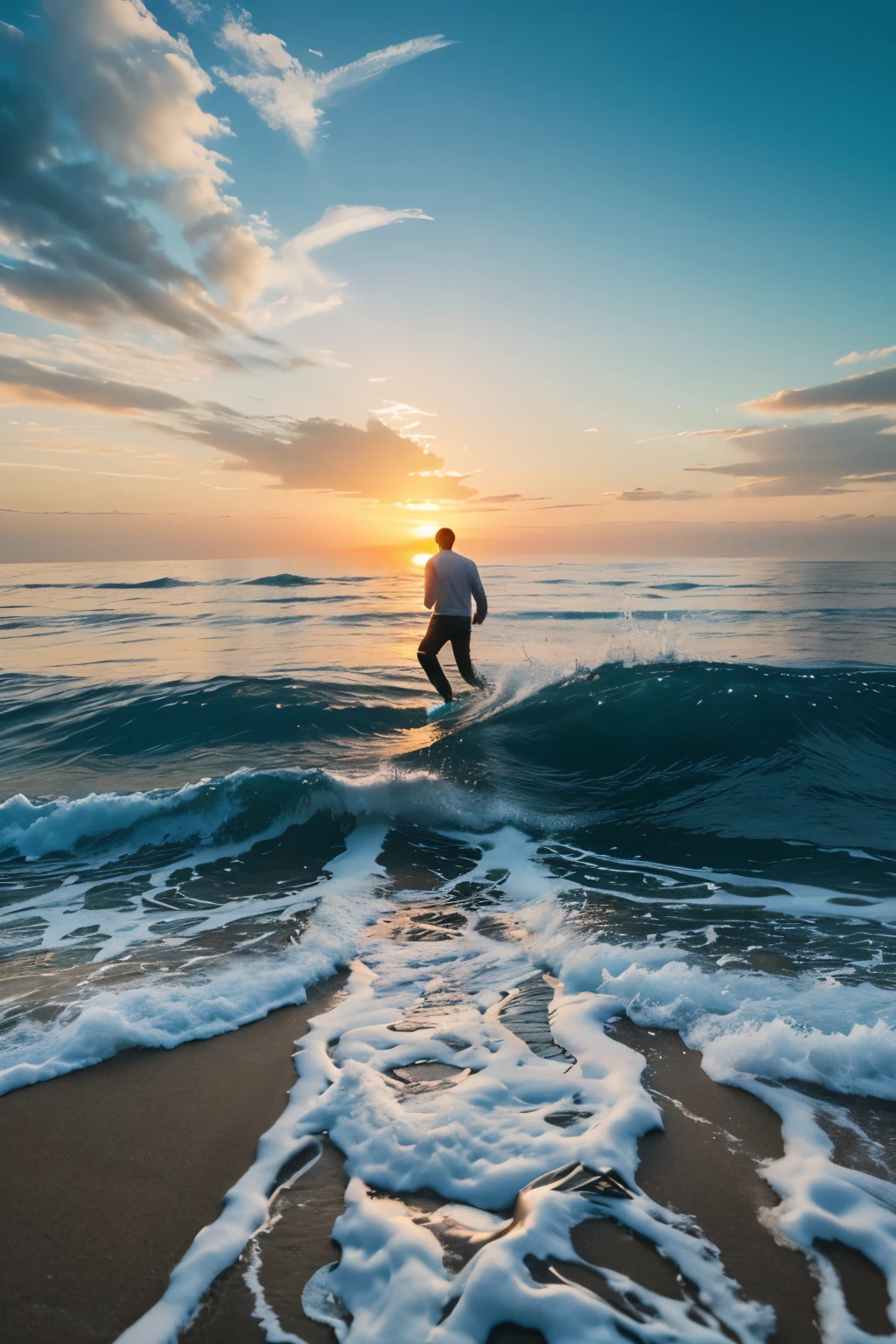 Create a motivational image featuring a man walking on a newly created path through the ocean. The path should be formed by an enormous eraser moving through the water, symbolizing the creation of a new way where there was none before. The scene should capture the moment where the eraser is actively creating the path, with water splashing to the sides as the path emerges. The sky should be at sunset, with warm hues creating a hopeful and inspiring atmosphere. At the bottom of the image
