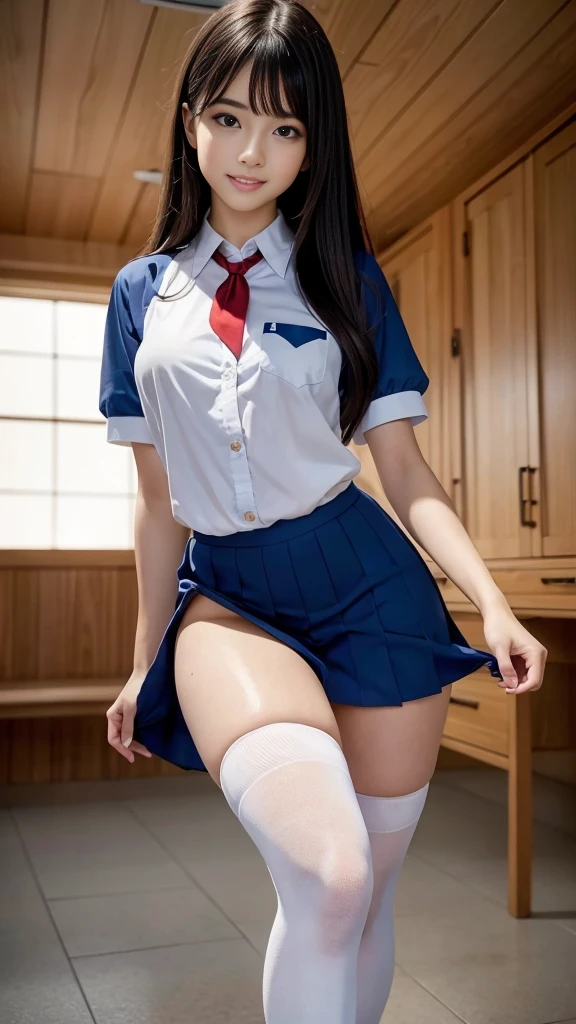 (8K, Highest quality, masterpiece:1.2, RAW Photos), One girl, (e schrl, Idol, beautiful girl, Baby Facenee socks:1.2, Skin Dentition:1.5), (Small beautiful butt:1.2, Thin thighs:1.2, Tight waist), Delicate skin, (night, (Dark Room)), Beautiful Bangs, nice, (Clothing and uniforms:1.3), (Attractive breasts:1.2), (Mouth closed:1.2, Beautiful Eyes, Fine grain, Detailed Iris, Beautiful Lips, Beautiful Nose, Beautiful Face), (primary color:1.5), (Beautiful sparkling eyes:1.3), (Detailed eyes and face:1.3, Professional photography techniques), (Detailed hands:1.2), (Gaze at the viewer, blush:1.2, Meaningful smile), (Perfect Anatomy:1.3), (Photorealism:1.3), (Sexy underwear is visible:1.2)