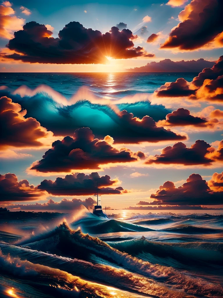 Blue ocean, blue sky and no clouds, no brown in this picture, water waves,  light theme, red submarine, good quality, very details, red submarine, good weather, sunshine, clear vibe, blue theme, day time, light,  beautiful epic picture 
