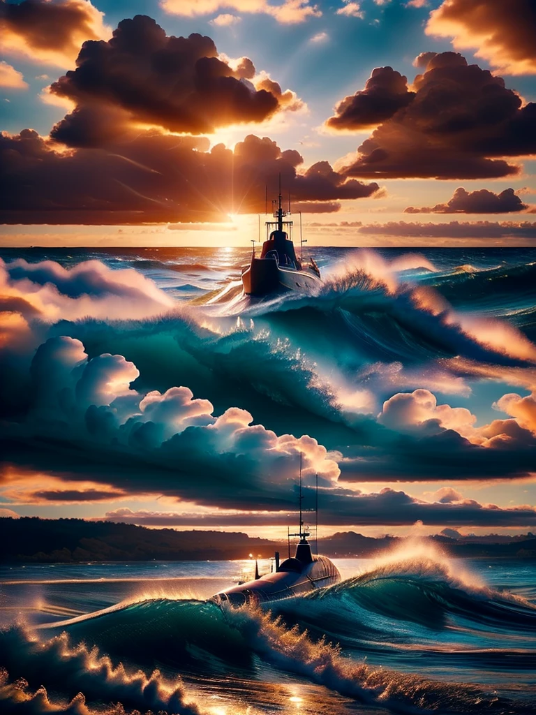 Blue ocean, blue sky and no clouds, no brown in this picture, water waves,  light theme, red submarine, good quality, very details, red submarine, good weather, sunshine, clear vibe, blue theme, day time, light,  beautiful epic picture 
