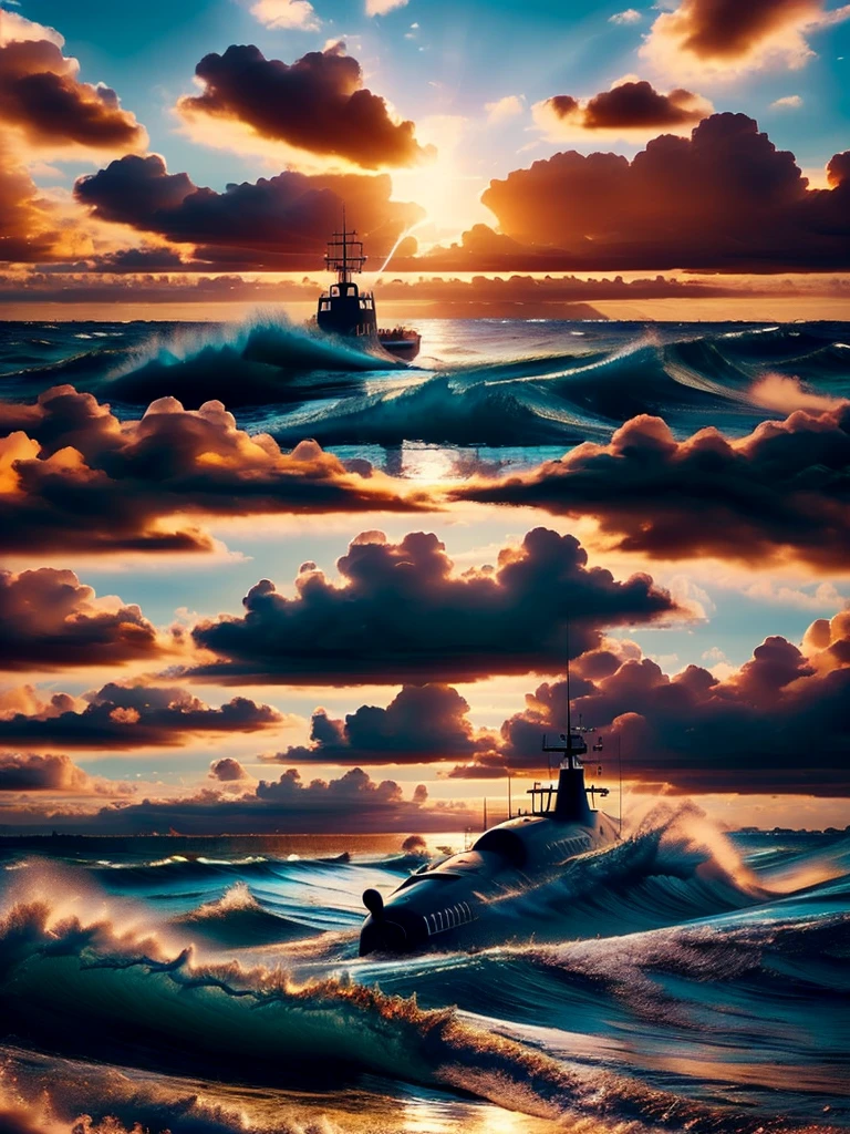 Blue ocean, blue sky and no clouds, no brown in this picture, water waves,  light theme, red submarine, good quality, very details, red submarine, good weather, sunshine, clear vibe, blue theme, day time, light,  beautiful epic picture 
