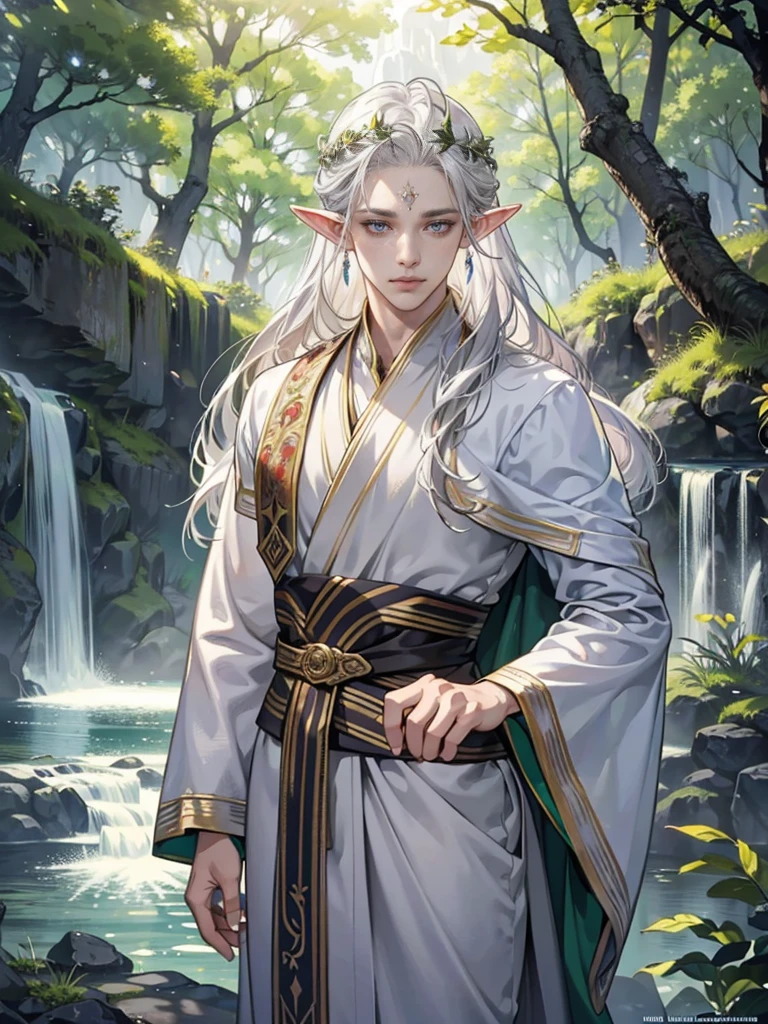 (tmasterpiece, high resolution, ultra - detailed:1.0), (1boy, Young male), Perfect male body, Eyes look at the camera, Extremely detailed CG, Unity 8k wallpaper, Complicated details, solo person, Detailed face, (half closed eyes,Silver eyes,Noble expression，sliver long hair,silver silk robe,Jewelry forehead jewelry,Elf crown),out doors, forest,trees and flowers,waterfalls, Elven style robe,Elven headdress, Expose forehead, color difference, Depth of field, dramatic shadow, Ray tracing, Best quality, offcial art,