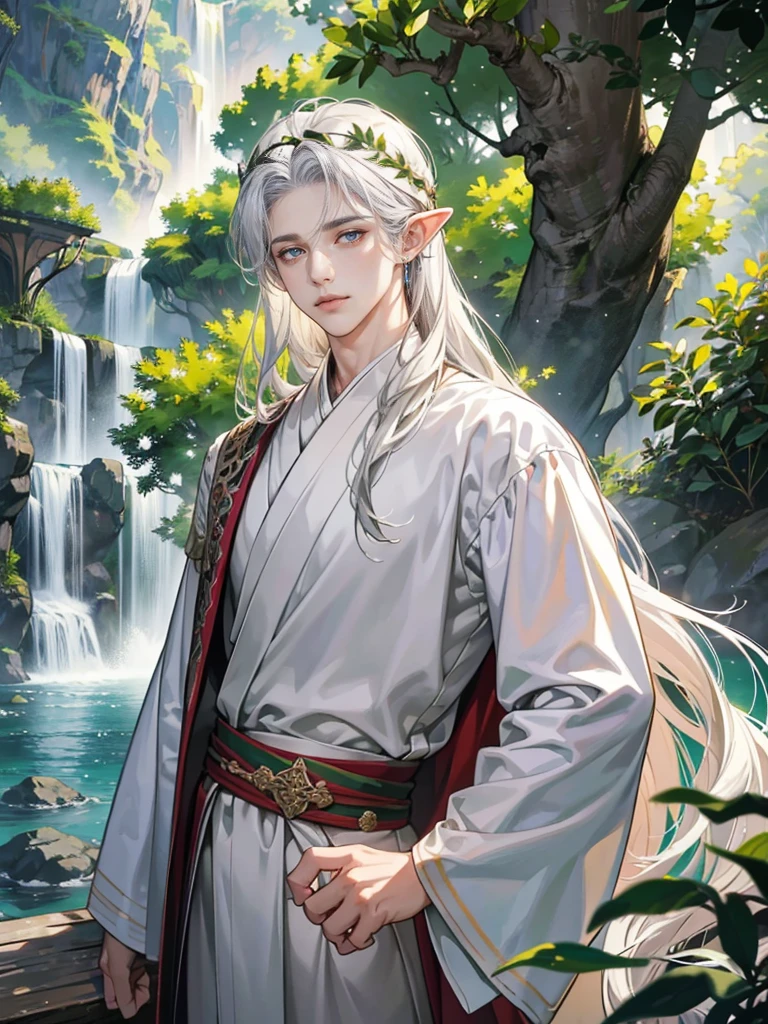 (tmasterpiece, high resolution, ultra - detailed:1.0), (1boy, Young male), Perfect male body, Eyes look at the camera, Extremely detailed CG, Unity 8k wallpaper, Complicated details, solo person, Detailed face, (half closed eyes,Silver eyes,Noble expression，sliver long hair,silver silk robe,Jewelry forehead jewelry,Elf crown),out doors, forest,trees and flowers,waterfalls, Elven style robe,Elven headdress, Expose forehead, color difference, Depth of field, dramatic shadow, Ray tracing, Best quality, offcial art,