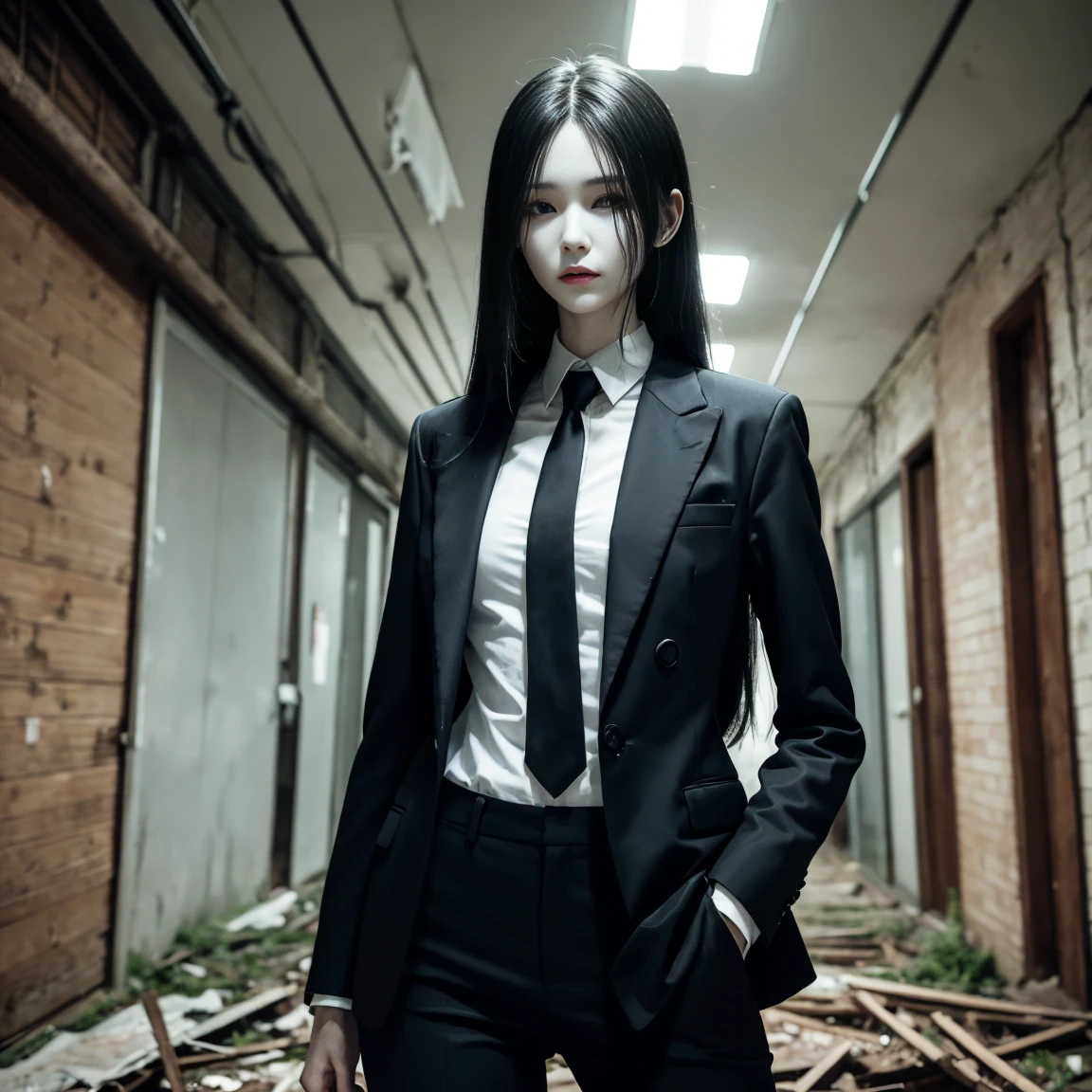 A depiction of Slenderwoman, the urban legend figure, with a tall, thin figure, long, flowing hair, and an expressionless face. She is wearing a dark, formal suit and is set in a dark forest or abandoned building, exuding an eerie, unsettling presence.
